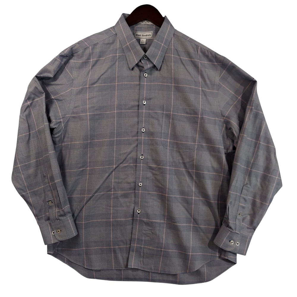 Paul Fredrick Button Down Shirt Men XL Blue Pink Glen Plaid Slim Fit Non-Iron